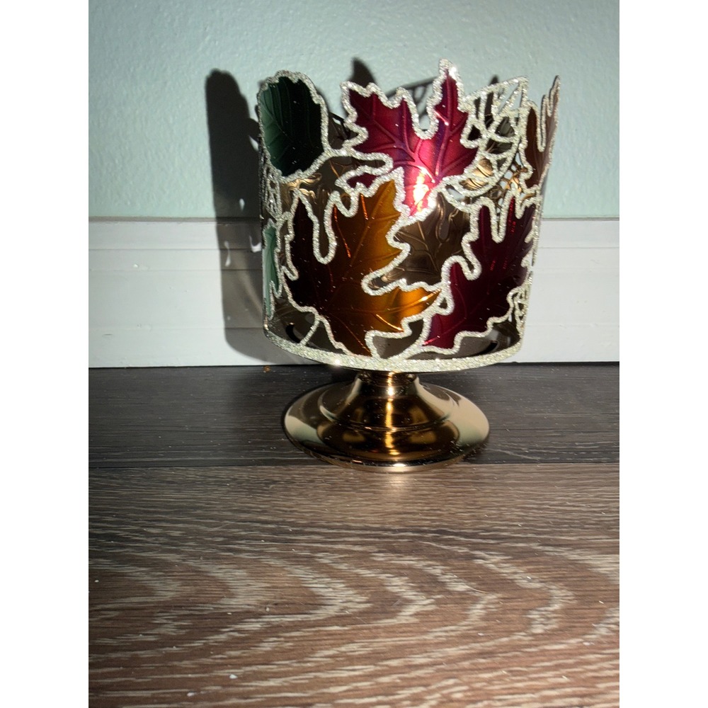 Bath and Body Works 3-Wick Candle Holder Autumn Leaves Pedestal Glitter Metallic